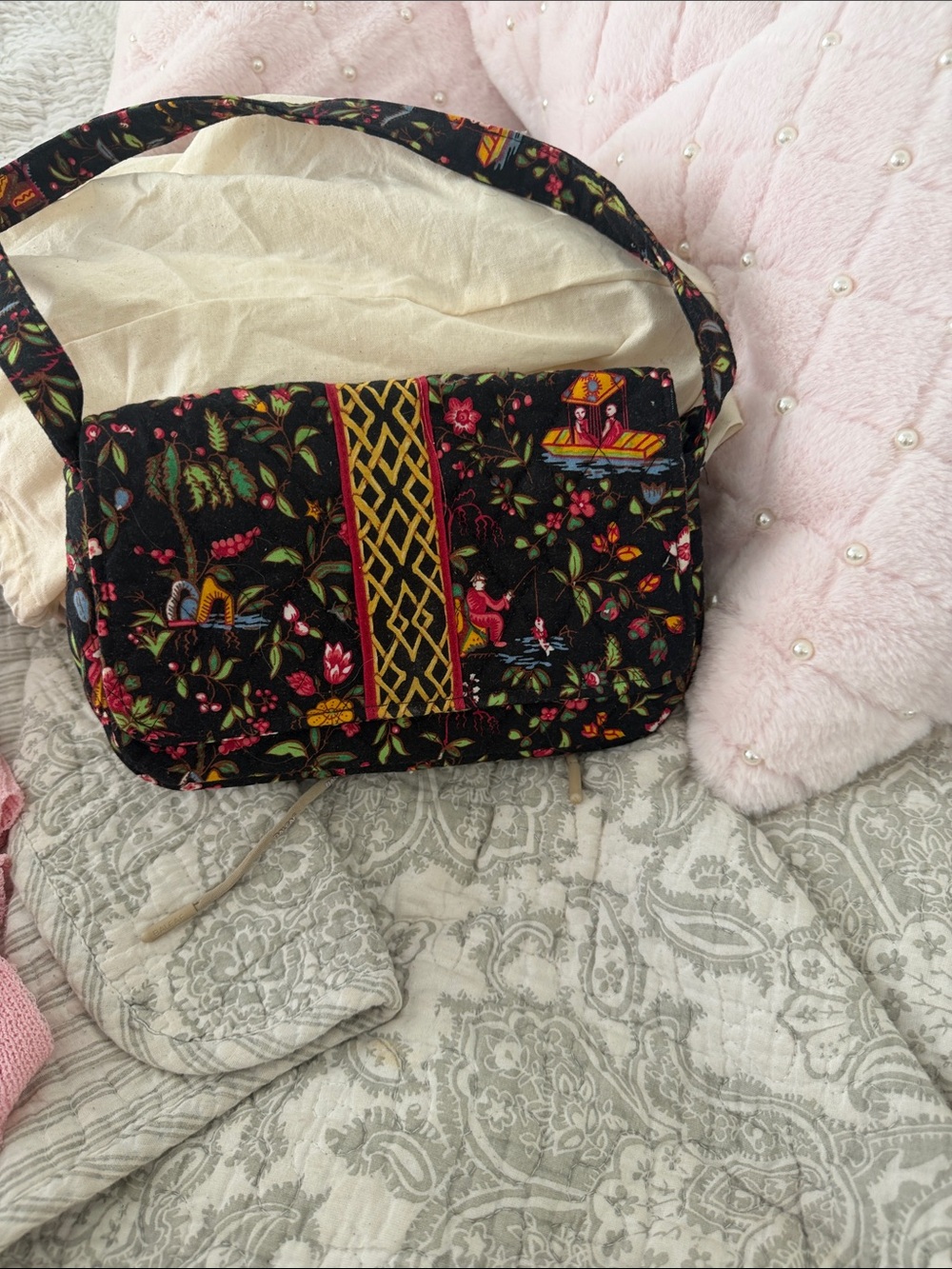 Vera Bradley Black Floral Embroidered Shoulder Bag with Multicolor Accents